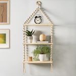 Decazone Macrame Wall Hanging 3-Tier Floating Shelves Natural Pine with Wooden Ring Bohemian Hand Woven Decor Bookcase Display Storage Rack Beige 105 x 40 cm, (3-Tier Floating Shelves-2.)