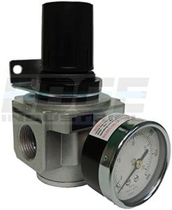 HEAVY DUTY IN-LINE COMPRESSED AIR PRESSURE REGULATOR FOR AIR COMPRESSOR, 7 TO 215 PSI ADJUSTABLE, HIGH FLOW RATE, WALL BRACKET AND GAUGE INCLUDED (3/4" NPT, 140 CFM)