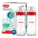 LuvLap Natura Flo Wide Neck Glass Feeding Bottle, New Born/Infants/Toddler Upto 3 Years, BPA Free, Ergonomic Shape is Easy to Hold, with Anti Colic Nipple, Pack of 2, 250ml