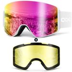 Odoland Ski Goggles Set with Detachable Lens,Anti-Fog UV Protection Snow Goggles for Men and Women,White and Pink