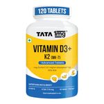 Tata 1mg Vitamin D3 + K2 (MK-7) | Supports Stronger Bones, Immunity & Calcium Absorption | 600 IU Vitamin D3 + 55 mcg K2 | Lichen Sourced, 100% Veg (120 Tablets)