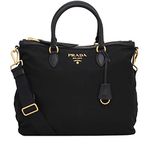 Prada Womens Two Way Black Tessuto Nylon Tote Crossbody Calf Leather Trim 1BC060, Black, Large