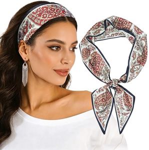 Mesovor Red Cashew Silk Feeling Head Scarf Headband Hair Neck Scarves for Women, Fashion Purse Bag Scarfs | Long Thin Satin Headscarf Head bands