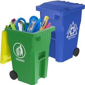 Wiosi Mini Curbside Garbage Trash Bin Pen Holder and Unique Tiny Size Recycle Can Set Pencil Cup Desktop Organizer Green Blue 2-Pack