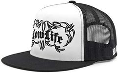 Low Life Pinstriped Trucker Cap for Men – Flat Bill 5-Panel Mesh Hat – Low Life Front Embroidery – Adjustable Snapback – One Size Fits Most – Bold Baseball Cap (Black/White)