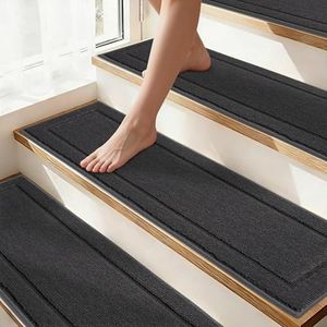 Non-Slip Stair Treads for Wooden Steps Indoor, 15 Pack 8" X 30" Edging Stair Rugs with TPE Backing, 0.4" Thick Carpet Stair Treads for Kids Elders & Pets, 100% Polyester Soft Stair Runners, Dark Grey