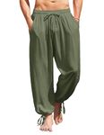 COOFANDY Men's Cotton Linen Pants Causal Harem Pants Elastic Waist Beach Boho Yoga Trousers, Army Green, Medium