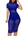 Lrady Women's Elegant High Neck Sexy Sheer Mesh See Through Short Sleeve Stretch Bodycon Dress, Blue, Large