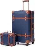 NZBZ Vintage Luggage Sets of 2, Vintage Suitcase Set for Women, Retro Luggage with Boarding Tote, Handmade Faux Leather Zipper Luggage TSA Approved (Navy Blue, 14inch & 28inch)