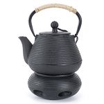 MILVBUSISS Cast Iron Teapot with Warmer, 1000ml Tea Kettle Stovetop Safe with Heater for Loose Leaf, Japanese Tea Pot Coated with Enameled Interior, 35oz Black