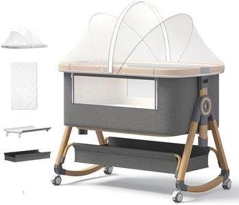 Jimberbay Baby Bassinet, 4 in 1 Bedside Cribs with 4D Air Fiber Mattress & Mosquito Net, Waterproof Mattress Bedside Sleeper Baby Cot with Height Adjustment & Storage Basket, Light Grey