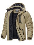 KEFITEVD Warm Waterproof Ski Jacket for Men Soft Shell Fleece Jackets for Winter Sports Coat with Detachable Hood Khaki, 2XL