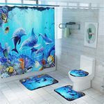 JSKDF Shower Curtain Mildew Proof 4-Piece Bathroom Anti-Slip Mat Set Non-Slip Dolphin Fish Bath Mat Coral Velvet Shower Curtain Floor Mat Washable Bathroom Toilet Carpet/Ocean/12 shower curtain hook