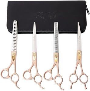 Stjuo Professional Dog Grooming Scissors Rose Gold 440C Stainless Steel Straight Thinning Curved Chunker Shears for Pet Grooming Services Dogs and Cats (Combo, 7.5‘’)