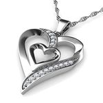 DEPHINI - Heart Necklace - 925 Sterling Silver - Double Love Heart Pendant with CZ Crystals - Fine Jewellery Woman Necklace - 18" Rhodium Plated Silver Chain - A+ Cubic Zirconia - Gifts for Women