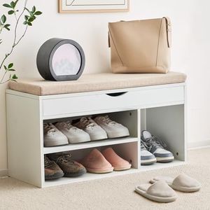 Apicizon Storage Bench, Shoe Bench with Flip Top Storage Space and Padded Cushion, Wooden Bench with Storage for Entryway, Living Room, 2-Tier Shoe Rack Organizer, White