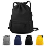 Drawstring Backpack Waterproof Drawstring Backpack Bag Sports Gym Bag with Side Pocket for Women Men (Black)