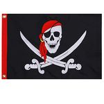 FLAGWIN Pirate Flag Jolly Roger Flags, Red Bandanna Hat Skull Bones 12x18 Variations of Jack Rackham with red headscarf Pirate Banner for Outside, Embroidered Nylon Brass Grommets Vivid Color and Fade Resistant