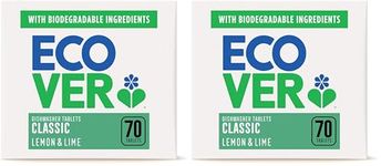Ecover Classic Dishwasher Tablets, Contains Salt & Rinse Aid, Powerful Cleaning, Lemon & Lime Scent, Pack of 2, 70 Tablets