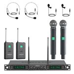 Phenyx Pro Wireless Microphone System, 4-Channel UHF Wireless Mic Set with Handheld/Bodypack/Headset/Lapel Mics, Fixed Frequency Metal Cordless Microphone for Church,Singing,DJ(PTU-5000-2H2B)