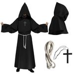 Puddry Monk Costume Adult Mens Halloween Costume, Monk Robe Medieval Cloak with Large Hood Cape, Rope Belt and Cross Necklace, Wizard Robe Renaissance Cosplay Priest Costume Fancy Dress for Adults Men