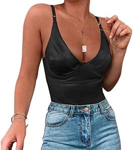 Velius Women's Sexy Deep V Neck Shiny Thong Bodysuit Tank Tops with Underwire (Black, Small)