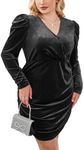 IN'VOLAND Women's Plus Size Velvet Dress Sexy V Neck Cocktail Party Dresses Long Sleeve Ruched Bodycon Black Dress 22W