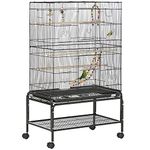 PawHut 52" Bird Cage for Budgies Cockatiels Canaries Lovebirds Finches with Rolling Stand, Toys, Removable Tray, Storage Shelf, Black