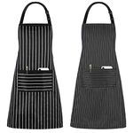 Jubatus 2 Pack Kitchen Aprons Striped Cooking Chef Adjustable Bib Apron with 2 Pockets for Men Women, Black Stripe/Black Pinstripe