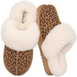 EverFoams Women's Sheepskin Slippers Fuzzy Suede House Shoes Leopard,5-6 US