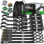 Rhino USA Ratchet Tie Down Straps (Set of 4) - 800 kg Max Break Strength, 2.5cm x 4.6m Tie Downs with Hooks (4pcs) - Strap for Ski Bike Furniture Moving & Securing Cargo - Black