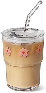 Olvini 13oz Glass Tumbler with Glass Straw and Lid, Iced Coffee Cups Reusable, Water Cup, Coffee Tumbler, Glass Coffee Mugs, Drinking Glass Cups (Pink Flower)