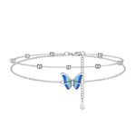 Tusuzik Anklet Bracelets For Women 925 Sterling Silver Anklet for Women Double Layer Butterfly Women's Anklets Beaded Chain Anklets Jewellery Gifts for Women Teen Girls