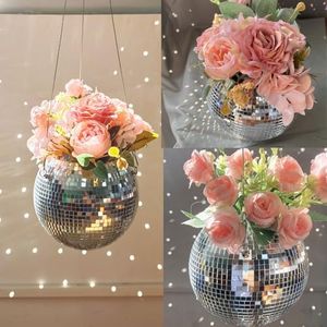 Disco Ball Hanging Plant Pots, Boho Silver Mirror Disco Planter with Chain Hook and Macrame Rope for Indoor Outdoor Decor and Wooden Stand for Desk,Self Watering Insert Pots