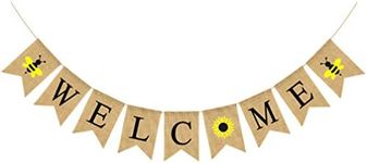 Amosfun Welcome Banner Burlap Sign hanging Bunting Flags Garland with Bee Decoration for Housewarming Thanksgiving Day Wedding Party Supplies