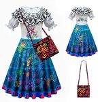 URAQT Mirabel Costume Dress, Fantastic Mirabel Dress Girls Princess Dress with Bag, Madrigal Princess Dress Up for Girl, Princess Costume Princess Fancy Dress for Party, Cosplay, Halloween