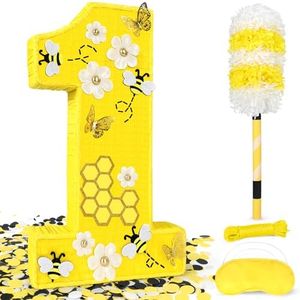 25" Large Number 1 Pinata - Includes 24" Bat Stick, Eye Mask, Rope | Queen Bee Pinatas with Butterfly, Daisy, Bumblebee Themed Party Supplies and Decorations, Kids First Birthday Party Décor