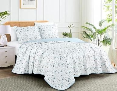 Chezmoi Collection Fran 3-Piece Floral Quilt Set Queen - Blue White Poppy Floral Watercolor Printed Microfiber Lightweight Bedspread Set for All Season