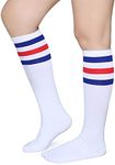 Pareberry Triple Stripes Soft Cotton Knee High Tube Socks for Men and Women (Blue/Red/White)