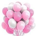 Prextex 75 Solid Color Party Balloons 12 Inch Balloons with Matching Color Ribbon - Themed Party Decoration, Weddings, Baby Shower, Birthday Parties Supplies or Arch Décor- Helium Quality Pink & White