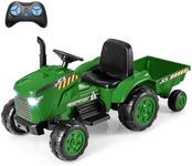 Costzon 2-in-1 Ride On Tractor, 12V Kids Ride on Car w/Detachable Trailer, Remote Control, Wireless Connection, Horn, Music, Lights, Spring Suspensions, Tractor Toys for Kids 3-8 (Dark Green)