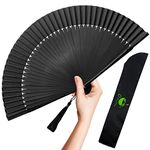 OMyTea Folding Hand Fan for Women - Foldable Chinese Japanese Vintage Bamboo Silk Fan - for Hot Flash, Church, Decoration, EDM, Music Festival, Dance, Party, Performance, Gift (Solid Sexy Black)