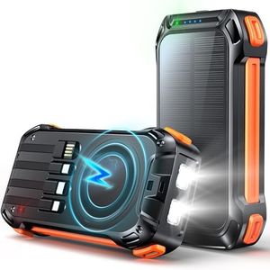 26800mAh Batterie Externe Solaire sans Fil avec 4 câbles intégrés, Charge Rapide 7 Sorties Chargeur Portable USB C 30W avec Lampe SOS, pour téléphones tablettes Camping