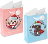 Dog Gift Bags (Medium, 13"x10"x4", Blue, Pink) - 2 Pack Christmas Sturdy Paper Gift Bags with Tissue Paper, Tag, and Handle - Holiday Puppy Dogs Design - Ideal for Party Favors and Gifting this Christmas Holiday Season