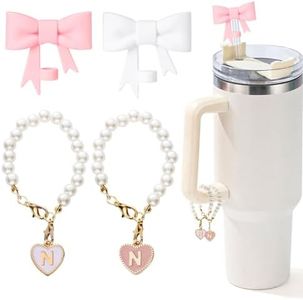 LUHOHI Pink Bow Stanley Straw Topper, 2pcs Pearl Chain for Stanley Cup Accessories Initial Letter Charms Handle with 2pcs Straw covers for Water Bottle Jewelry Tumbler Personalized Decorations Tag N