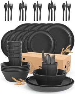 42 Pieces Wheat Straw Dinnerware Set - OAMCEG Plastic Dinner Set for 6, Kitchen Plates and Bowls Set, College Dorm Microwave Dishes, Unbreakable Plastic Outdoor Camping Dishes, Black