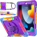 SEYMAC stock Case for iPad 9th/ 8th/ 7th Generation 10.2'', Shockproof Case with Screen Protector Pencil Holder [360° Rotating Hand Strap] & Stand, Case for iPad 10.2 inch 2021-2019, Camo+Purple