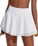 PINSPARK Women's Tennis Skirt High Waist Tennis Skort V-Waistband Ruffle Sports Skirt Summer Golf Skirt with 3 Pockets Pleated Skirt Workout Running with Inner Pants White
