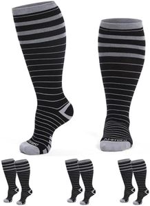 CaiDieNu Bamboo Viscose Compression Socks: Wide Calf Plus Size Compression Socks for Women and Men 15-20 mmHg Knee High Support for Nurses Travel Pregnant Blackstripe (3XL)