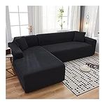 ANAZOZ Couch Cover Sectional 3 Seat,Universal Elastic Sofa Cover Black Polyester Sofa Cover Solid Color Fleece Lining Sofa Slipcover 3 Seater+4 Seater(235-300CM)